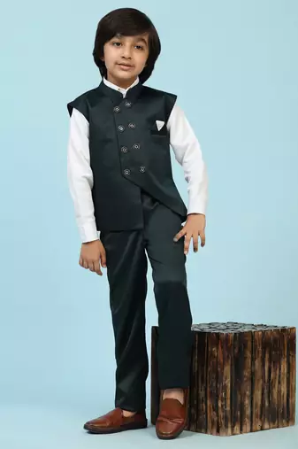 Dark Green Plain Cotton 3 Piece Suit Set for Boys