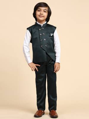Dark Green Plain Cotton 3 Piece Suit Set for Boys 3