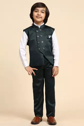 Dark Green Plain Cotton 3 Piece Suit Set for Boys