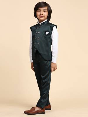 Dark Green Plain Cotton 3 Piece Suit Set for Boys 4