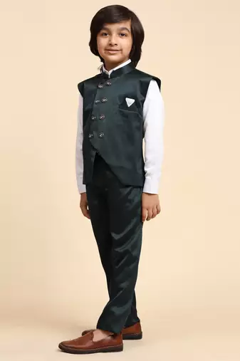 Dark Green Plain Cotton 3 Piece Suit Set for Boys