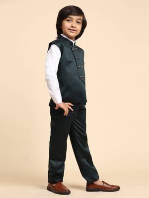 Dark Green Plain Cotton 3 Piece Suit Set for Boys 6