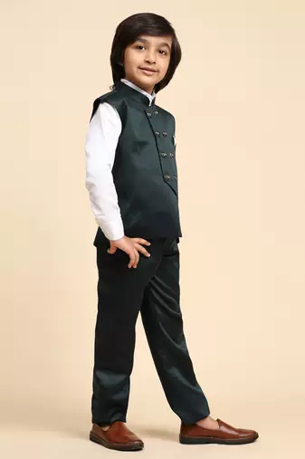 Dark Green Plain Cotton 3 Piece Suit Set for Boys