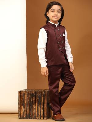 Maroon Plain Cotton 3 Piece Suit Set for Boys 1