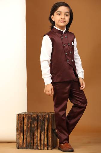 Maroon Plain Cotton 3 Piece Suit Set for Boys