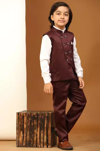Maroon Plain Cotton 3 Piece Suit Set for Boys