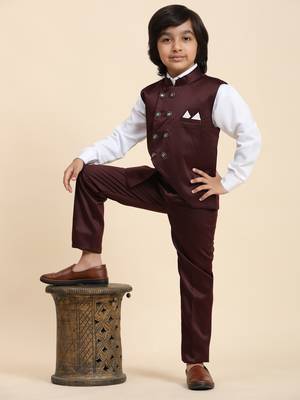 Maroon Plain Cotton 3 Piece Suit Set for Boys 2