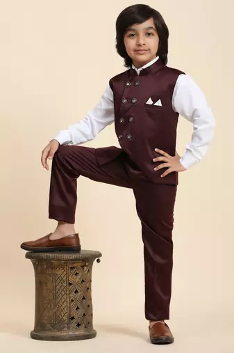 Maroon Plain Cotton 3 Piece Suit Set for Boys