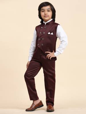 Maroon Plain Cotton 3 Piece Suit Set for Boys 5