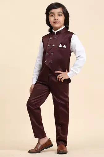 Maroon Plain Cotton 3 Piece Suit Set for Boys
