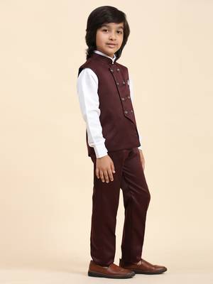 Maroon Plain Cotton 3 Piece Suit Set for Boys 7