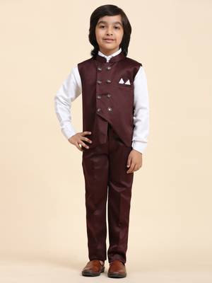 Maroon Plain Cotton 3 Piece Suit Set for Boys 8