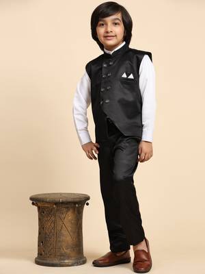 Black Plain Cotton 3 Piece Suit Set for Boys 2