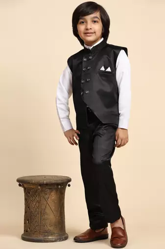 Black Plain Cotton 3 Piece Suit Set for Boys