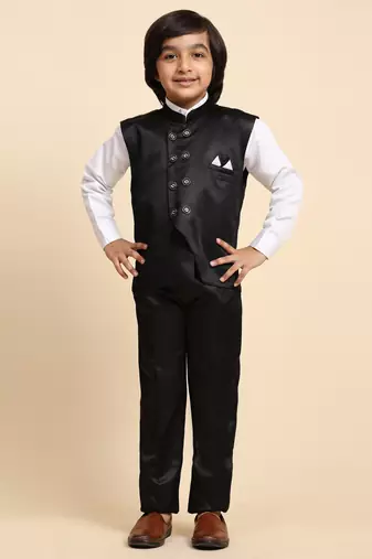 Black Plain Cotton 3 Piece Suit Set for Boys