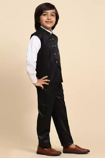 Black Plain Cotton 3 Piece Suit Set for Boys