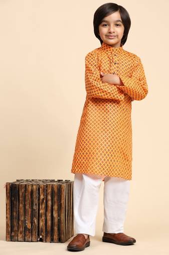 Orange Cotton Kurta Pajama Set for Boys Kids Ethnic Wear with Embellished Design