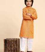 Orange Cotton Kurta Pajama Set for Boys Kids Ethnic Wear with Embellished Design