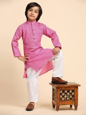 Pink Cotton Kurta Pajama Set for Boys Kids Ethnic Wear with Embellished Design 1