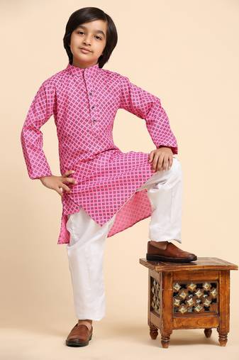 Pink Cotton Kurta Pajama Set for Boys Kids Ethnic Wear with Embellished Design