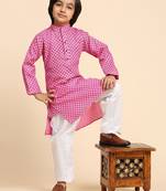 Pink Cotton Kurta Pajama Set for Boys Kids Ethnic Wear with Embellished Design