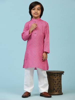 Pink Cotton Kurta Pajama Set for Boys Kids Ethnic Wear with Embellished Design 2