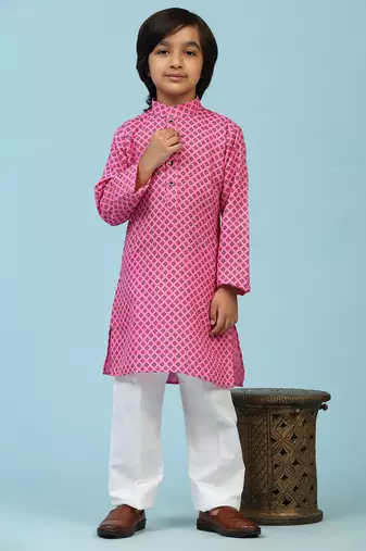 Pink Cotton Kurta Pajama Set for Boys Kids Ethnic Wear with Embellished Design