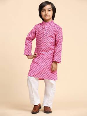 Pink Cotton Kurta Pajama Set for Boys Kids Ethnic Wear with Embellished Design 3