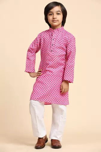 Pink Cotton Kurta Pajama Set for Boys Kids Ethnic Wear with Embellished Design