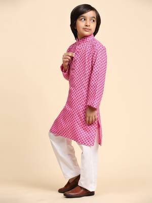 Pink Cotton Kurta Pajama Set for Boys Kids Ethnic Wear with Embellished Design 4