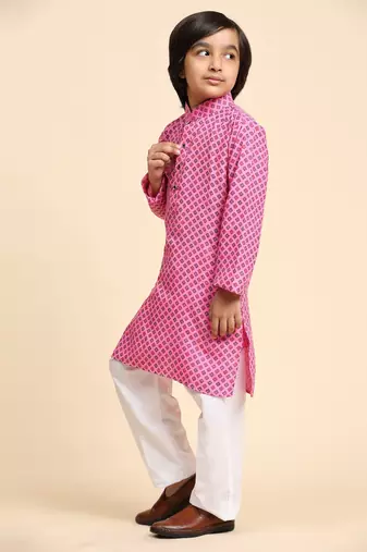 Pink Cotton Kurta Pajama Set for Boys Kids Ethnic Wear with Embellished Design