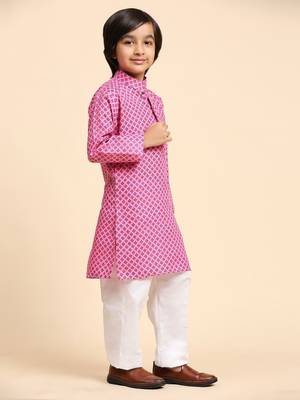 Pink Cotton Kurta Pajama Set for Boys Kids Ethnic Wear with Embellished Design 5