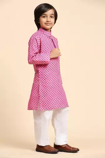 Pink Cotton Kurta Pajama Set for Boys Kids Ethnic Wear with Embellished Design