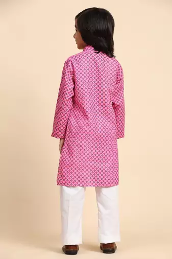 Pink Cotton Kurta Pajama Set for Boys Kids Ethnic Wear with Embellished Design