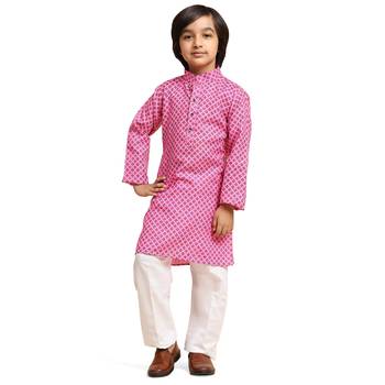 Pink Cotton Kurta Pajama Set for Boys Kids Ethnic Wear with Embellished Design 7