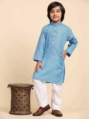 Blue Cotton Kurta Pajama Set for Boys Kids Ethnic Wear with Embellished Design 1