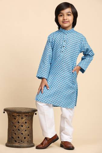 Blue Cotton Kurta Pajama Set for Boys Kids Ethnic Wear with Embellished Design