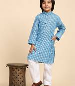 Blue Cotton Kurta Pajama Set for Boys Kids Ethnic Wear with Embellished Design