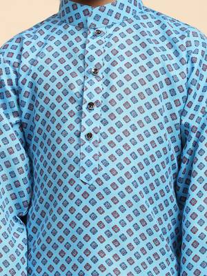 Blue Cotton Kurta Pajama Set for Boys Kids Ethnic Wear with Embellished Design 2