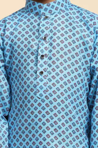 Blue Cotton Kurta Pajama Set for Boys Kids Ethnic Wear with Embellished Design