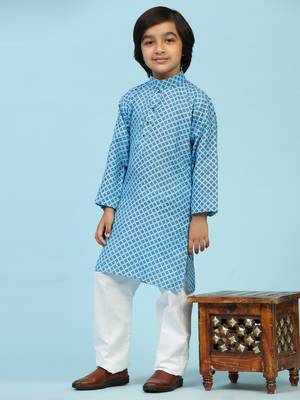 Blue Cotton Kurta Pajama Set for Boys Kids Ethnic Wear with Embellished Design 3