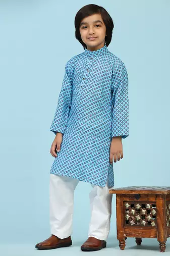 Blue Cotton Kurta Pajama Set for Boys Kids Ethnic Wear with Embellished Design