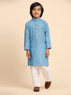 Blue Cotton Kurta Pajama Set for Boys Kids Ethnic Wear with Embellished Design 4