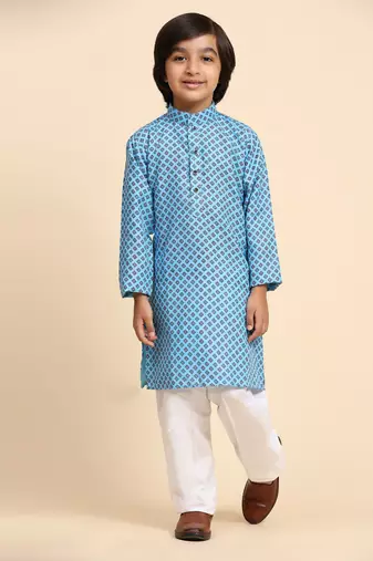 Blue Cotton Kurta Pajama Set for Boys Kids Ethnic Wear with Embellished Design