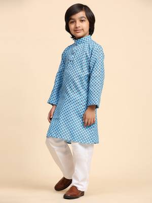 Blue Cotton Kurta Pajama Set for Boys Kids Ethnic Wear with Embellished Design 5