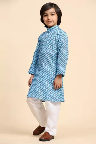 Blue Cotton Kurta Pajama Set for Boys Kids Ethnic Wear with Embellished Design