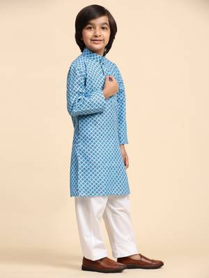 Blue Cotton Kurta Pajama Set for Boys Kids Ethnic Wear with Embellished Design 6