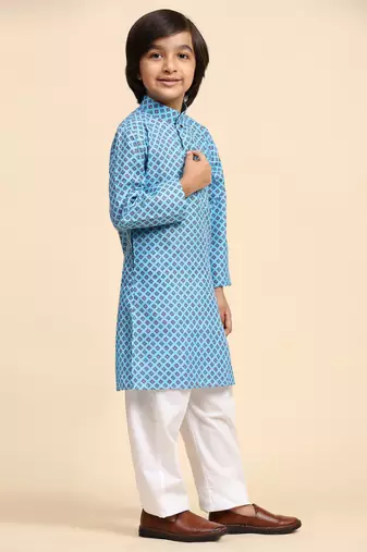 Blue Cotton Kurta Pajama Set for Boys Kids Ethnic Wear with Embellished Design
