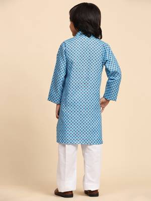 Blue Cotton Kurta Pajama Set for Boys Kids Ethnic Wear with Embellished Design 7