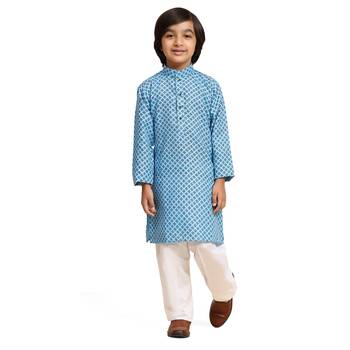 Blue Cotton Kurta Pajama Set for Boys Kids Ethnic Wear with Embellished Design 8
